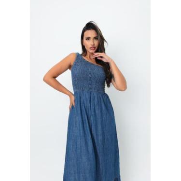 Imagem de Vestido jeans feminino Longo Ombro Ùnico - Propria, G