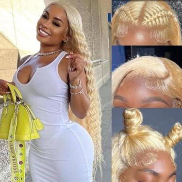 Imagem de ELISHEVA Peruca De Renda Frontal 613 Com Ondas Profundas, Cabelo Humano, 36 Polegadas, 16A, Loira, 13X6, Loira, Densidade 180%, Peruca 613, Cacheada Sem Cola, Loira, Frontal, Onda Profunda, 613, Hd,
