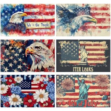 Imagem de Jogo americano do Dia da Independência, conjunto de 6 tapetes de mesa temáticos de 30 x 45 cm, águia careca e estátua da liberdade, tapetes de mesa de linho 4 de julho, laváveis, para uso interno