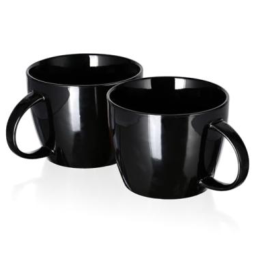 Imagem de Conjunto de 2 canecas de café de cerâmica, conjunto de 2 canecas de sopa grandes brilhantes para cappuccino, latte, sopa, cereais e salada, canecas de casal para ele e ela, presente preto