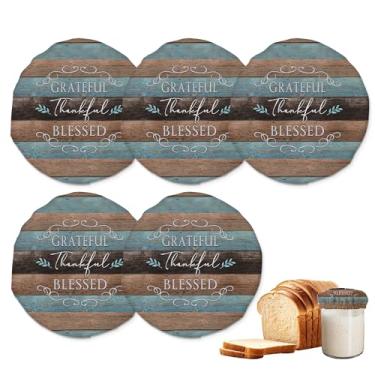 Imagem de Tampas de pote para iniciantes Sourdough, pacote com 5 tampas reutilizáveis de pano Thankful Grateful Blessed para frascos de 7,5 a 10 cm, ideal para kefir de kombucha ou fermentação de queijo