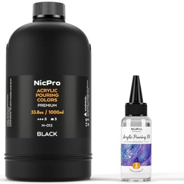 Imagem de Nicpro Tinta acrílica para derramar tinta preta, suprimentos de tinta pré-misturada de 1000 ml com óleo de silicone e luvas para tela, rocha, fluxo de criação de células de madeira, pintura de arte
