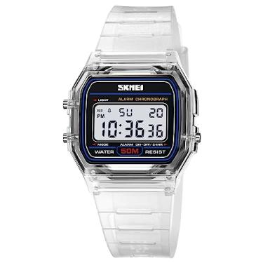 Imagem de Gosasa Relógio esportivo clássico unissex masculino digital multifunções pulseira de aço inoxidável quadrado impermeável relógio eletrônico LED, B Branco, Digital