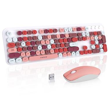 Imagem de Lindo combo de teclado e mouse retrô sem fio com tecla redonda, conexão sem quedas de 2,4 GHz, conjunto de teclado e mouse sem fio de máquina de escrever para PC, laptop, computador desktop - rosa
