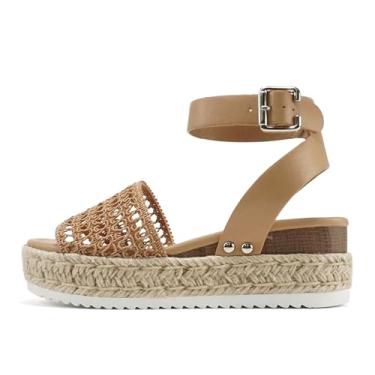 Imagem de Soda Topic Sandália casual com fivela de bico aberto e tira no tornozelo, alpargatas, plataforma plana, Camelo trançado, 35