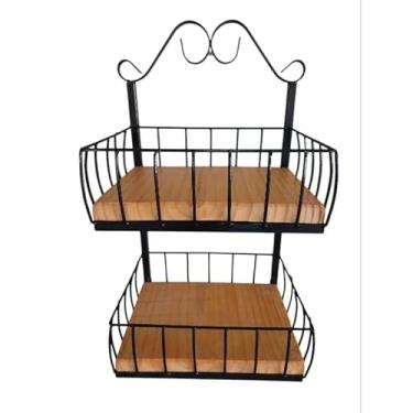 Imagem de Fruteira de parede 2 andar | Prateleira de parede para frutas | Artesanato em Ferro e madeira