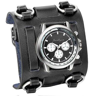Imagem de JewelryWe Relógio masculino estilo hip-hop gótico punk preto marrom relógio de pulso de couro largo para o Natal, Preto, relógio punk