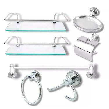Imagem de Kit Acessório Para Banheiro Aço Inox 5 Peças + 2 Porta Shampoo Reto Vidro