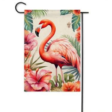 Imagem de Gkyygk Bandeira de jardim de boas-vindas flamingo rosa 30 x 45 cm flores tropicais dupla face folha de palmeira verde bandeira de serapilheira para jardim sazonal bandeira externa para homens e