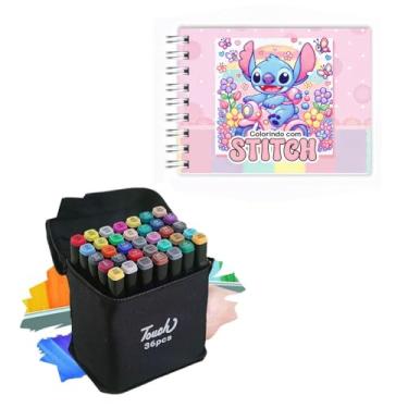 Imagem de Livro de Colorir Stitch Capa Dura 50 Páginas + Estojo 36 Cores de Canetinhas Marcadoras Touch Caneta Ponta Dupla - Kit Completo Pintura Relaxante Crianças e Adultos