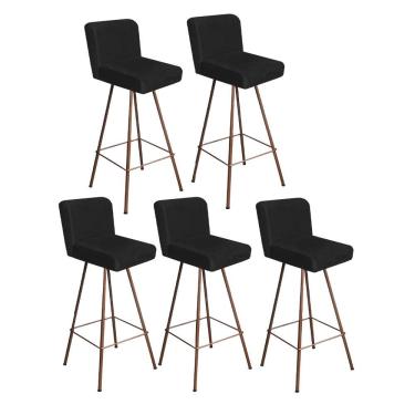 Imagem de Kit 05 Banqueta Alta Lexi Com Encosto Cozinha Bar Balcão Bistrô Ferro Bronze Corino Preto