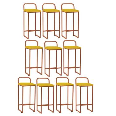 Imagem de Kit 10 Banqueta Alta Luffi Com Encosto Balcão Ferro Bronze Corino Amarelo