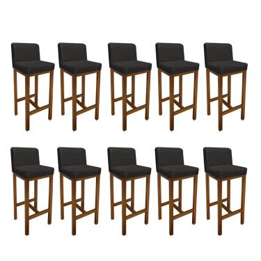 Imagem de Kit 10 Banqueta Alta Com Encosto Aila Balcão Base Madeira Castanho Corino Cinza