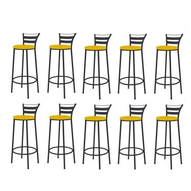 Imagem de Kit 10 Banqueta Alta Com Encosto Kali Balcão Ferro Preto Corino Amarelo