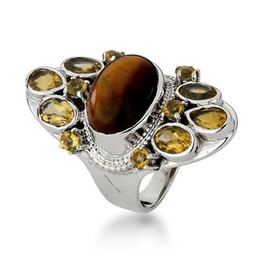 Imagem de Anel Oval Com Pedra Olho De Tigre E Citrino Em Prata 925 - 15