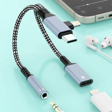 Imagem de Lightning 2 em 2 e USB C para conector de áudio auxiliar de 3,5 mm + divisor de cabo de carregamento tipo C, adaptador conversor de fone de ouvido para música + alimentação de carregamento + HiFi para