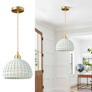 Imagem de Fulesi Luminária Pendente Moderna De Cerâmica Com Acabamento Em Latão Estilo Fazenda, Azul-Celeste, Meados Do Século, Para Teto, Ilha Cozinha, Quarto, Cabeceira
