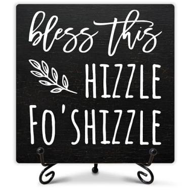Imagem de ukebobo Placa De Madeira "Bless This Hizzle Fo' Shizzle" - Decoração Rústica Fazenda Presentes Inauguração Para Família, Casal, Sala Estar, Quarto, Cozinha E Banheiro, 13,7 X Cm