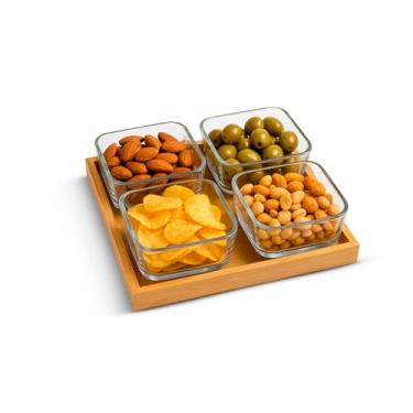 Imagem de Conjunto Petisqueira com Bandeja em Bambu 4 Potes vidro bandeja Tabua frios servir molheira aperitivo divis�ria entrada Molhos aperitivos
