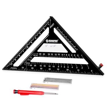 Imagem de RONGPRO Rafter Square 12" com Lápis de Marcenaria, Ferramenta de Layout de Medição de Carpinteiro, Esquadro de Carpinteiro de Triângulo de Liga de Alumínio para Marcenaria - Preto, Imperial