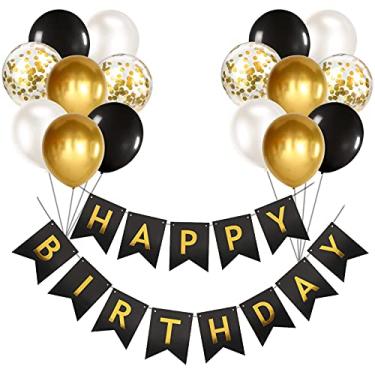 Imagem de Yocharm Banner de feliz aniversário, balões pretos e dourados, confetes de látex, banners de festa para decorações de banner de aniversário de 18 anos 30 anos e 50 anos