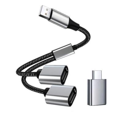 Imagem de Divisor USB, divisor de cabo USB 2.0 macho para fêmea dupla, hub múltiplo, alimentação de dados e carregador, com adaptador USB C, compatível com iPhone 16/15, iPad, MacBook Pro/Air, Samsung Galaxy