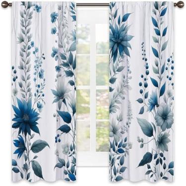 Imagem de Cortina blecaute azul com bolso para varão, flores, ramos de baga e folhas como linhas verticais jardim colorido frio, para quarto, jardim de infância, sala de estar, L 132 x C 213 cm, ardósia azul e
