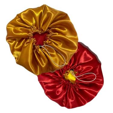 Imagem de 2 toucas de cetim reversíveis com regulador + 2 faixas de cabelo touca seca (Dourado e Vermelho-Rosa pink e Azul)