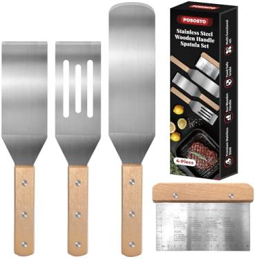 Imagem de POSOSTO Conjunto de 4 espátulas de metal de aço inoxidável - espátulas Teppaniyaki - raspador de chapa plana para panqueca - utensílio de metal ótimo para churrasqueira, acessórios de ferro fundido de