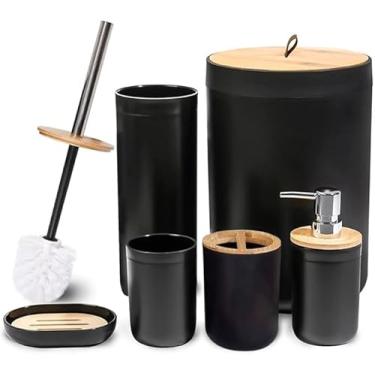 Imagem de Kit 6 Peças De Acessórios Para Banheiro Lixeira Porta Escova De Dente Saboneteira Copo Escova Sanitária Plástico Com Bambu (Preto) PREMIUM