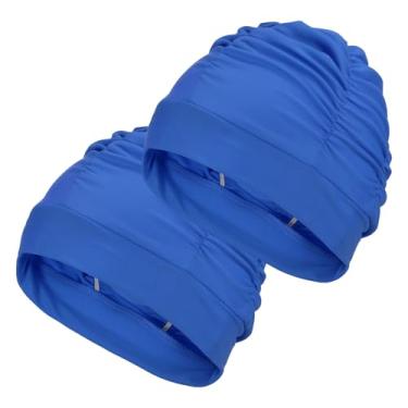 Imagem de YELARXI Touca de natação de tecido, chapéu de natação de poliéster, touca de natação elástica, adequada para mulheres e homens, cabelos longos adultos (2 peças, azul)