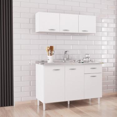 Imagem de Cozinha Compacta 2 Peças Balcão Para Pia 3 Portas 1 Gaveta Com Armário Aéreo 3 Portas Poquema Móveis Branco