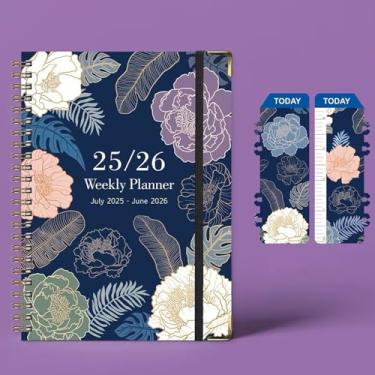 Imagem de Julho de 2025 a junho de 2026, caderno espiral, calendário diário A5 tamanho 15 x 21 cm, capa de flores azuis, mensal, semanal, livro de compromissos, 142 páginas, agenda escolar e escritório, com