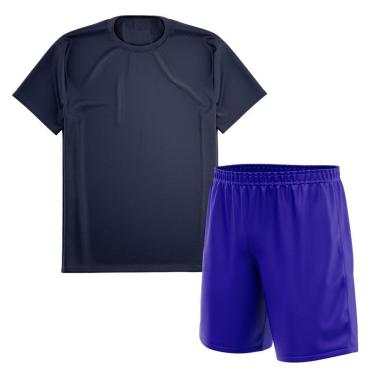 Imagem de Kit Calção Short Futebol Basquete Azul + Camiseta Manga Curta Masculina-Masculino