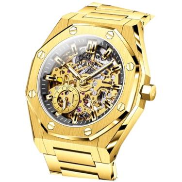 Imagem de OLEVS Relógio masculino automático com três ponteiros esqueleto polígono corda automática relógio de pulso à prova d'água luminoso aço inoxidável vestido de luxo presente, 6669: ouro