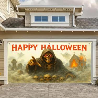 Imagem de HOMETITUTE 4 x 1,8 m Dia das Bruxas Capa de Porta de Garagem Banner Reaper Fantasma Abóbora Esqueleto Lápide Queima Igreja Assombrada Mural Foto Fundo Decoração Interior Exterior Decorações de Festa