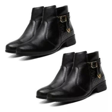 Imagem de 2 Pares Bota Feminina Coturno Chelsea Cano Curto Montaria Salto Grosso Couro Ecologico Frio Inverno-Feminino