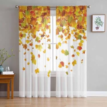 Imagem de Cortinas semitransparentes laranja outono 182 cm comprimento conjunto de 2 painéis, casa de ação de graças, folhas de bordo, cortinas de cozinha transparentes, plantas de outono, cortina de janela de