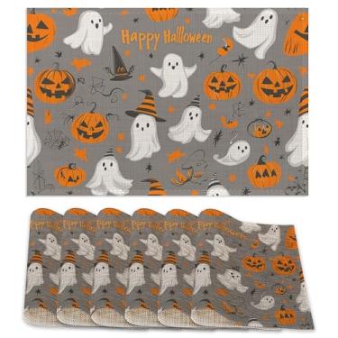 Imagem de Jogo americano conjunto de 6, tapetes de mesa Pumpking Ghost, tapetes de mesa de linho laváveis para Halloween, jogo americano antiderrapante resistente ao calor para festa, cozinha, jantar, ambientes