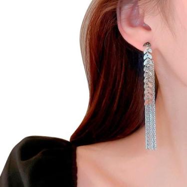 Imagem de Brinco Festa Feminino Delicado Luxo Folhas Franja Prateado - anjo da m