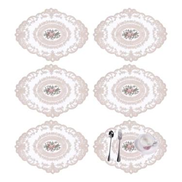 Imagem de GLOBLELAND 6 peças de jogo americano retrô de renda 43,7 x 32,3 cm, tapetes de mesa de crochê de poliéster para decoração de casa, decoração de mesa, decoração de festa de casamento, bege