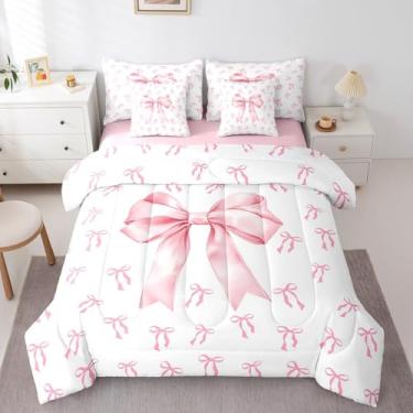 Imagem de Erosebridal Jogo de cama para meninas, com laço rosa, kawaii, rosa, princesa, roxo e branco, conjunto de lençol com elástico, 7 peças, para crianças e mulheres