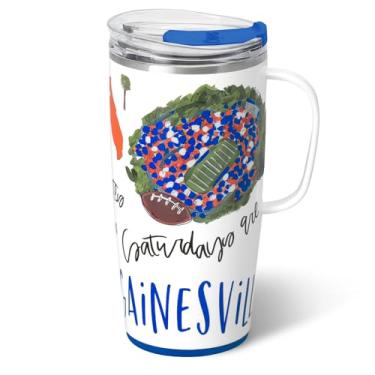 Imagem de Swig Life Caneca de viagem de 623 g, copo isolado com alça e tampa, caneca de café de viagem, compatível com porta-copos, copo de aço inoxidável de 623 g, reutilizável isolado com tampa (sábados em