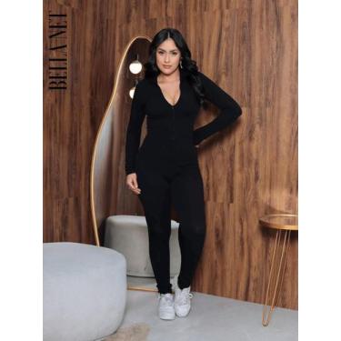 Imagem de Macacão feminino longo gola alta com zíper canelado premium macacão Vi