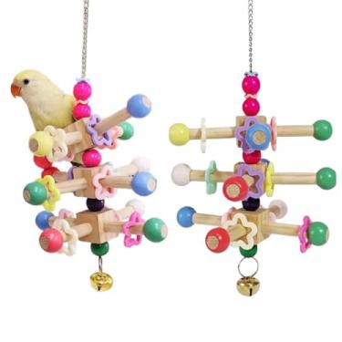 Imagem de Brinquedos giratórios de pássaros coloridos com sinos, brinquedos de mastigar de madeira natural para gaiola, acessórios de gaiola de pássaros mastigáveis para pendurar para calopsita, conure
