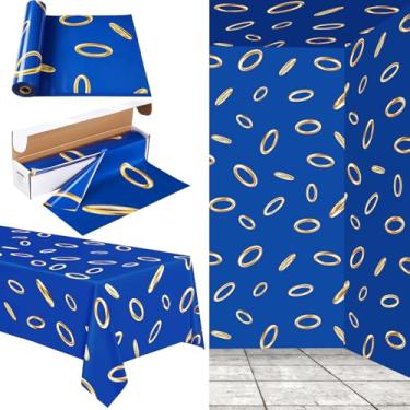 Imagem de Hillsuren 30,5 m x 137 cm azul com anel dourado impresso toalha de mesa de plástico rolo com caixa cortadora capa de mesa descartável para desenho animado videogame temático artigos de festa de