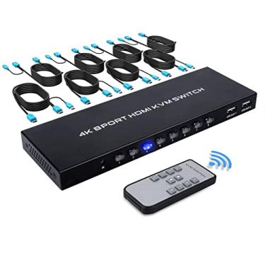 Imagem de TCNEWCL Interruptor KVM HDMI de 8 portas, 4K @ 30Hz 8 em 1 saída HDMI KVM Switch para 8 PCs compartilhando 1 monitor HD e 4 dispositivos USB com controle remoto IR e 8 cabos HDMI
