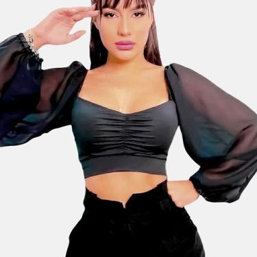 Imagem de Cropped Blusinha Manga Longa Bufante Tule Juliete Com Bojo - Levitali,