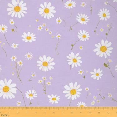 Imagem de Tecido rústico country por jarda, tecido de estofamento de flores de margarida branca, pano decorativo floral fofo para móveis de estofamento de sofá, artesanato roxo claro e suprimentos de costura