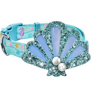 Imagem de Blueberry Pet Coleira de cachorro Summer Sparkle tamanho grande, pescoço 45,7 a 66 cm, turquesa, peixe oceânico e cavalo marinho, coleira náutica para animais de estimação com acessório destacável de